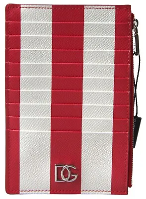 DOLCE & GABBANA Wallet Red White Leather DG Logo Zip Card Holder Women 380usd • £194.73