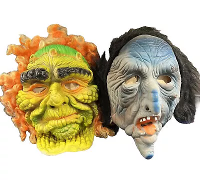 Lot (2) Vintage Fun World Scary Halloween Rubber Masks Green Monster Witch • $55