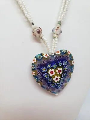  Vintage Murano Venetian Italian Glass Bead Millefiori Heart Necklace 16” • $20