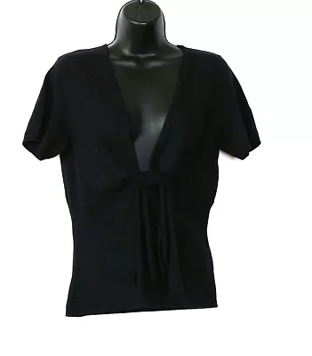 MODA INTERNATIONAL Black Cashmere V-Neck Layering Swtr Front Tie - Sz M EXC • $32.99