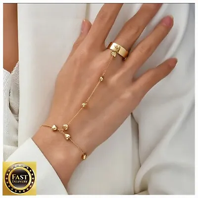 Indian Finger Gold Ring Hand Harness Chain Hearts Bracelet Fashion Boho • £3.99