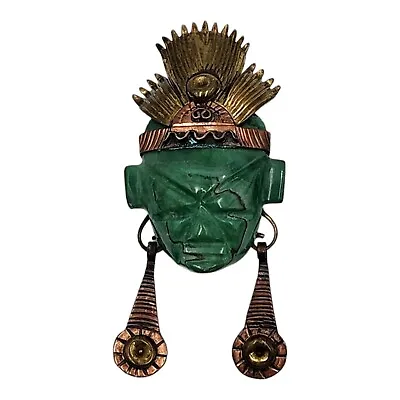 Maya Style Mexico Brass Copper Green Onyx Warrior Headdress Pin Brooch Pendant • $45