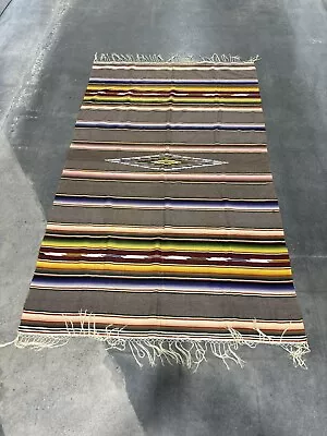 Vintage Mexican Wool Blanket Gray Multicolor Striped Serape Saltillo 84x48 Beige • $128.88