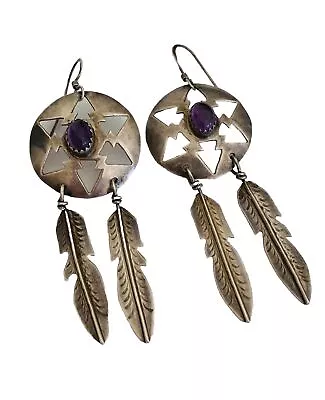 Old Pawn Navajo Signed MC Sterling Silver Amethyst Feathers Dangle Earrings • $89.99