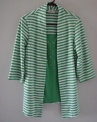 Quacker Factory Rhinestone Top Shirt Green White Stripe 3/4 Sleeve Blouse M • $10