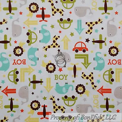 BonEful Fabric FQ Cotton Quilt White Gray Yellow VTG Airplane Whale Car Baby Boy • $3.67