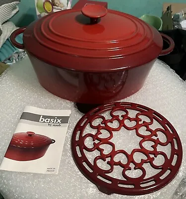 Vtg Staub Basix Enamel Cast Iron Dutch Oven 6 Qt 31-France & Trivet New Red Rare • $149.99