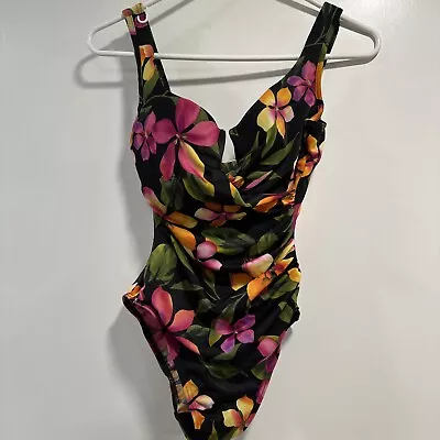 Miraclesuit Sz 10 One Pc Swimsuit Tummy Control Wrap Front Black W/floral • $26.55