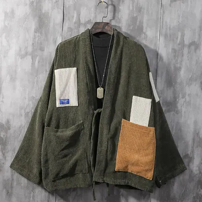 $30.09 • Buy Corduroy Men Retro Kimono Coat Patchwork Jacket Loose Pocket Outwear Cardigan