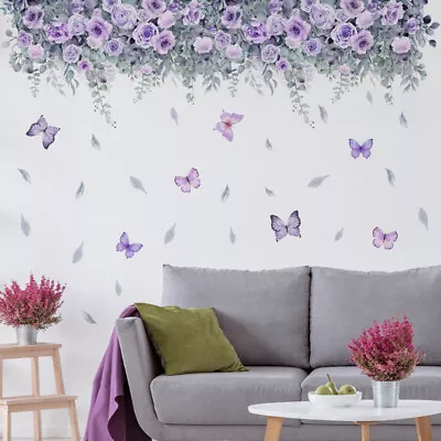 Romantic Purple Flowers Wall Stickers Butterfly Leaves Home Decor Decals UK New • £4.79