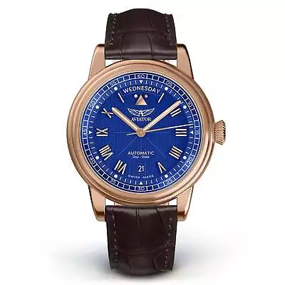 Aviator Brown Leather Blue Dial Swiss Made Men's Automatic Watch - V33522770 • $1599