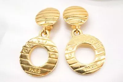 CELINE Vintage Earrings Swing Circle Logo Stripe Accessories Gold 7955j • $279