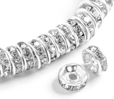 200PCS Rondelle Spacer Beads 6Mm Silver Plated Czech White Crystal Rhinestone Fo • $16.11
