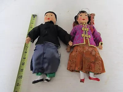 Vintage 2 Oriental Dolls Figures Man & Woman 12 Inch Painted Face Rosy Cheeks • $39.87