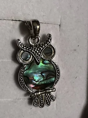 Owl Necklace Green Mother Of Pearl Abalone Shell Look 12” Long Beautiful! • $25