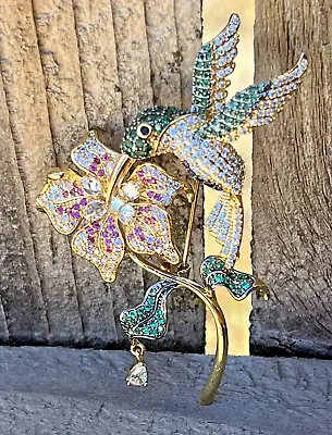 Bird Hummingbird Daisy Flower Green Crystal Glass Rhinestone Brooch Pin Vintage • $25.99