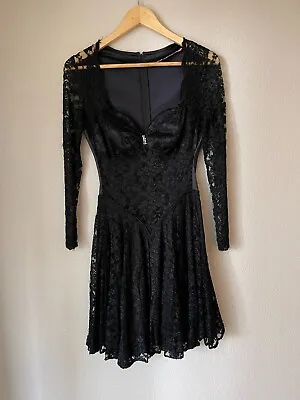 Vintage Lace Black Grunge Party Dress Mini Satin Sleeves Witchy Festival Goth • $24