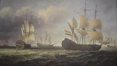 British Fleet Surrounding French Man-of-War Oil Painting C1960s James Hardy • £1490