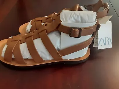 ZARA Basic Womens Gladiator Brown Leather Sandals US Size 6 EU Size 39 NEW. • £20.25