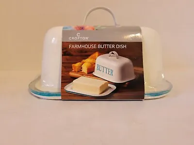 CROFTON White Enameled Metal Farmhouse Covered Butter Dish NWT • $20