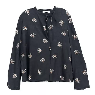 VINCE Blouse Tossed Bouquet Crinkled Tie-Neck Long Sleeve Black Floral MEDIUM • $39.99