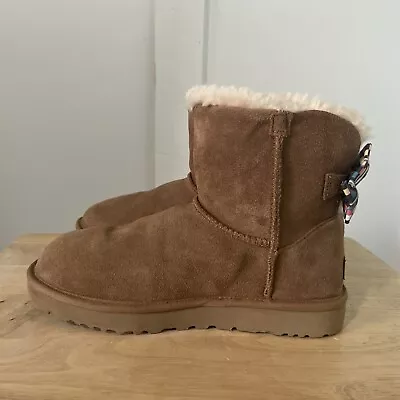 UGG Mini Bailey Bow Checker Chestnut Boots Women Size 9 • $35.99