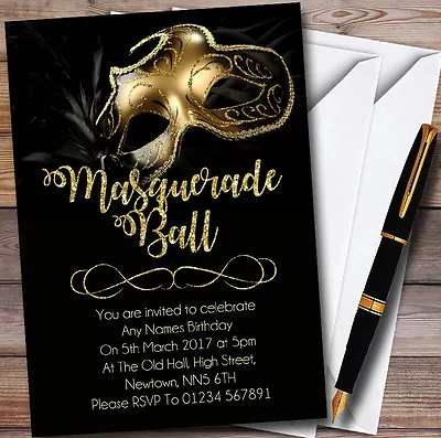 Golden Glitter Mask Masquerade Ball Personalised Party Invitations • £9.99