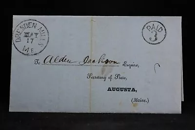 Maine: Dresden Mills 1854 Stampless Cover Black Circled PAID DPO Lincoln Co • $25