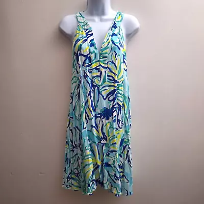 Lilly Pulitzer Achelle Swing Dress MED Blue Green Print V-neck Sleeveless Short • $39.99