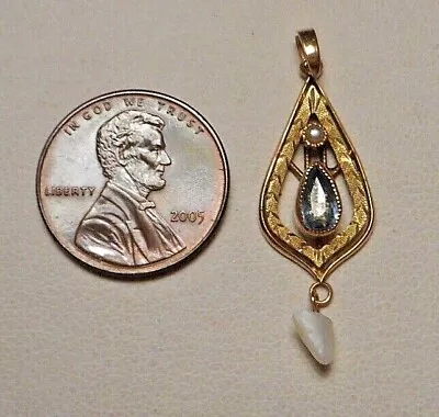 Antique 10K Y Gold Lavaliere Pendant W Blue Stone & Mississippi Pearl Drop 1.2g • $199.99