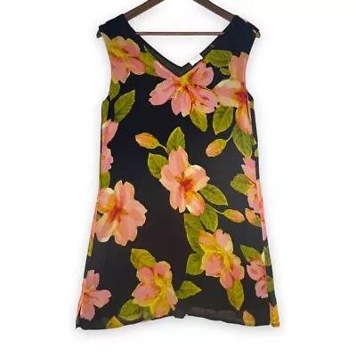 Ecru 100% Silk Black Floral Sleeveless Lined Mini Shift Dress Size S • $49