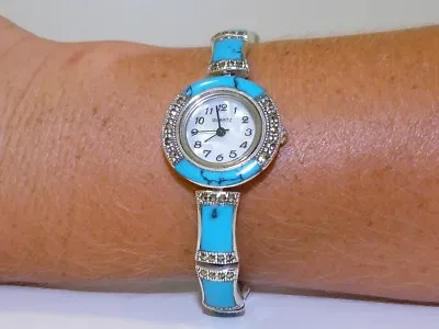 VINTAGE STYLE! Arizona Turquoise & Marcasite Bracelet Watch Sterling Silver 925 • $240