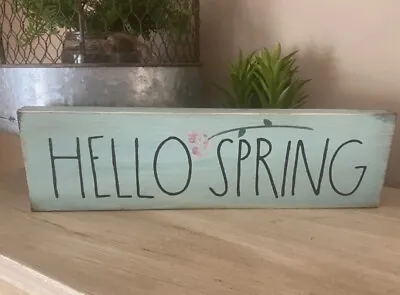 Hello Spring Sage With Pink Flower  Farmhouse Tray Shelf Block Sign • $11.99