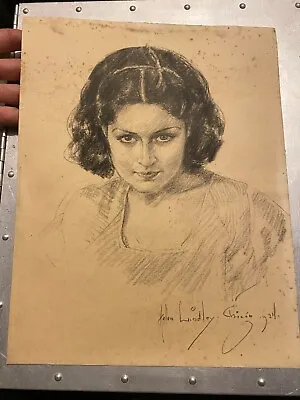 1934 Signed Pretty Young Woman Face Charcoal Pencil Drawing 13x10 • $40