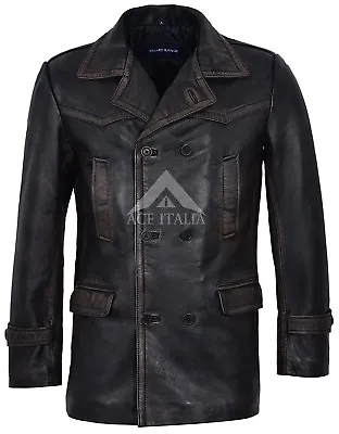 WW2 Mens Leather Pea Coat Double Breasted Classic REAL LEATHER Coat Jacket DRWHO • $182.14