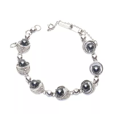 Vintage Sterling Silver 925 Sorrento Signed Filagree Hematite Faceted Bracelet • $42.99