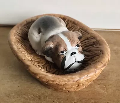 🧺🐾Vintage Porcelain Bisque English Bulldog Puppy Dog In Basket Figurine MCM • $8