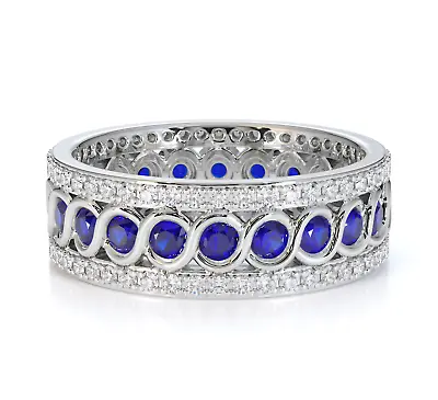 Blue Sapphire Brilliant-Cut Round 3.00mm Bezel-Set Art Deco Wedding Band • $46.50