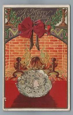 A Merry CHRISTMAS Glitter And Bow Embellishments Girl Fireplace Vintage Postcard • $4.99