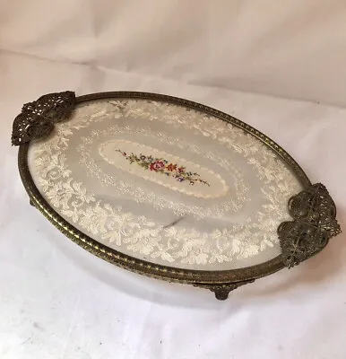 £50 • Buy Vintage Oval Petit Point Filigree Vanity Dressing Table Tray Lace Gilt 