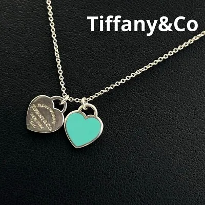 TIFFANY & Co. Return To Mini Double Heart Pendant Necklace Enamel Blue • $189.95