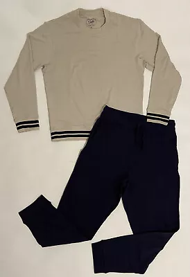 Mens JACHS NEW YORK 2-piece Loungewear Long/Sv Top & Trouser M Beige & Navy Blue • £10.10