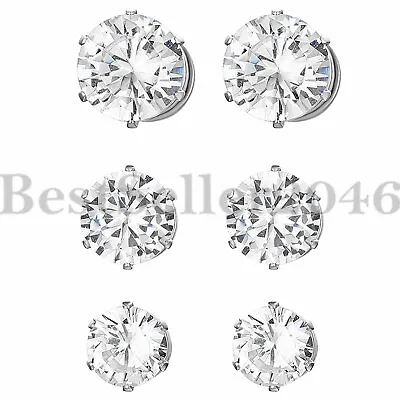 Stainless Steel Round Cut Clear CZ Magnetic Stud Earrings Non-Piercing Clip On • $10.99