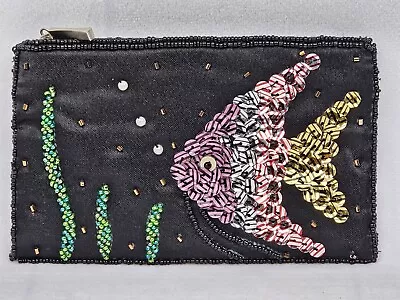 Angelfish Coin Change Wallet Black Multicolor Sequins Satin Zipper Under Sea • $24.95