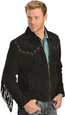 Men Native American Cowboy Leather Black Western Suede Fringe Jacket With Zipper • $109.99