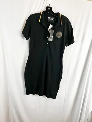 Versace Black And Gold Jeans Couture V-Emblem Polo Mini Dress Size L $250 • $119.99
