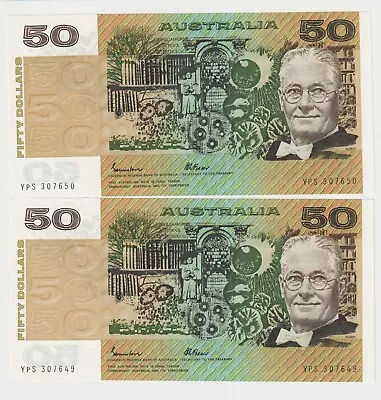 1985 Australia $50 Dollars Consecutive Pair Banknote - R509a - AUNC - # 31747 • $248