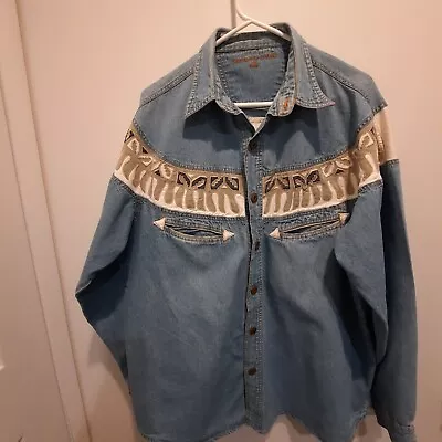 Vtg Fryday By NRK Mens  Embroidered Denim Western Style Shirt XL Blue Cotton • $21.99