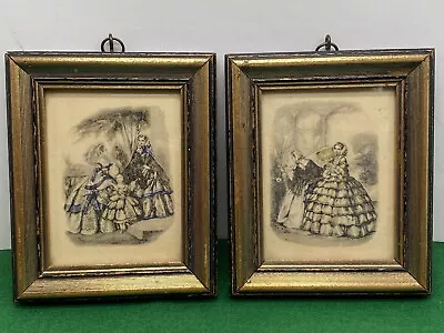 Vintage FRENCH FASHION Print LA MODE ILUSTREE Victorian Framed Set Of 2~5” X 4” • $14.90