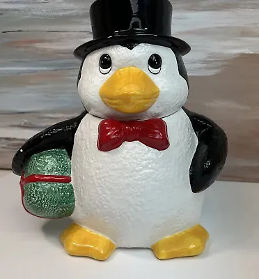 VTG 1999 Penguin Cookie Jar With Top Hat & Bow Tie Holding A Christmas Present • $24.99